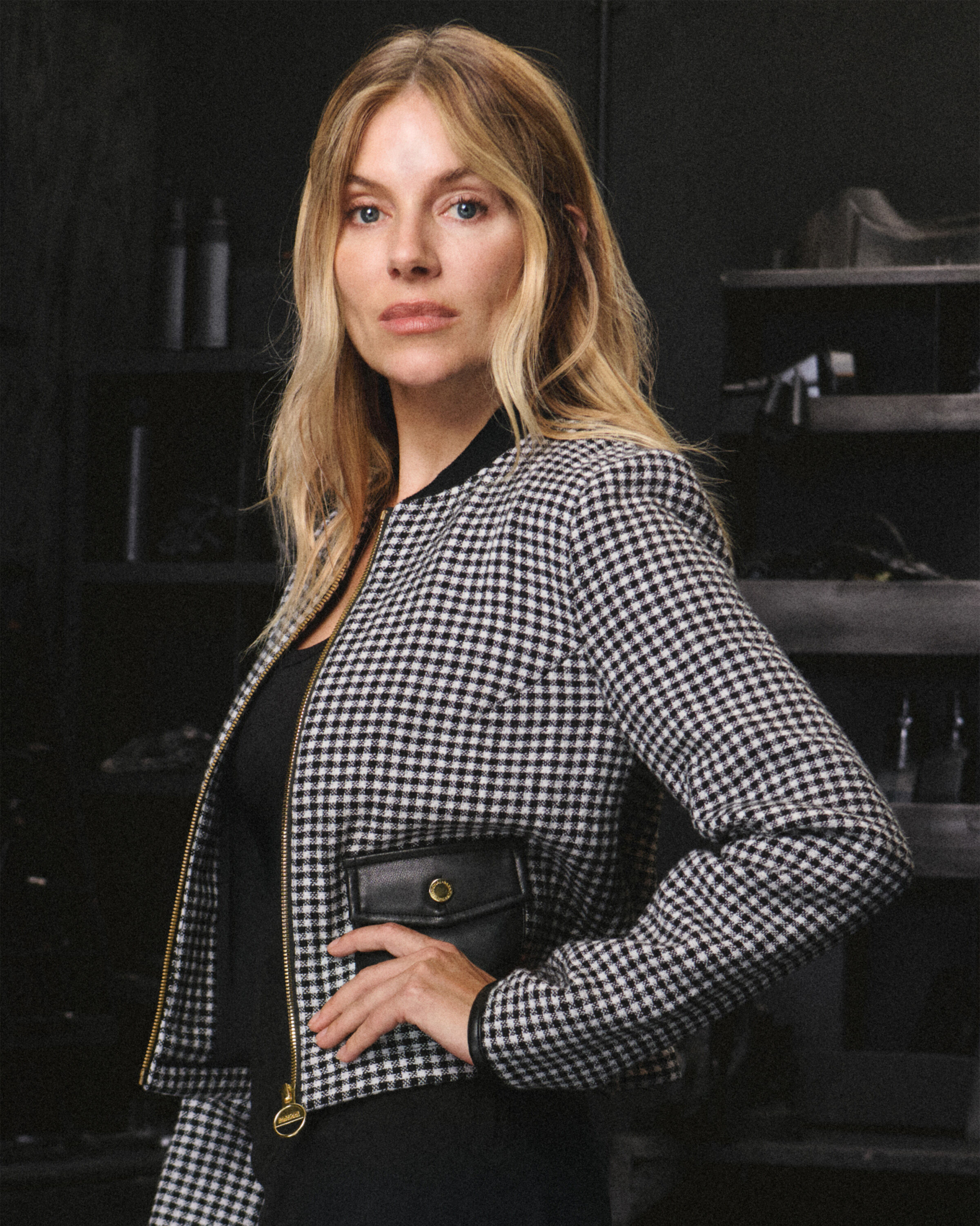 Sienna Miller wears the Halina Gingham Cropped Overshirt 