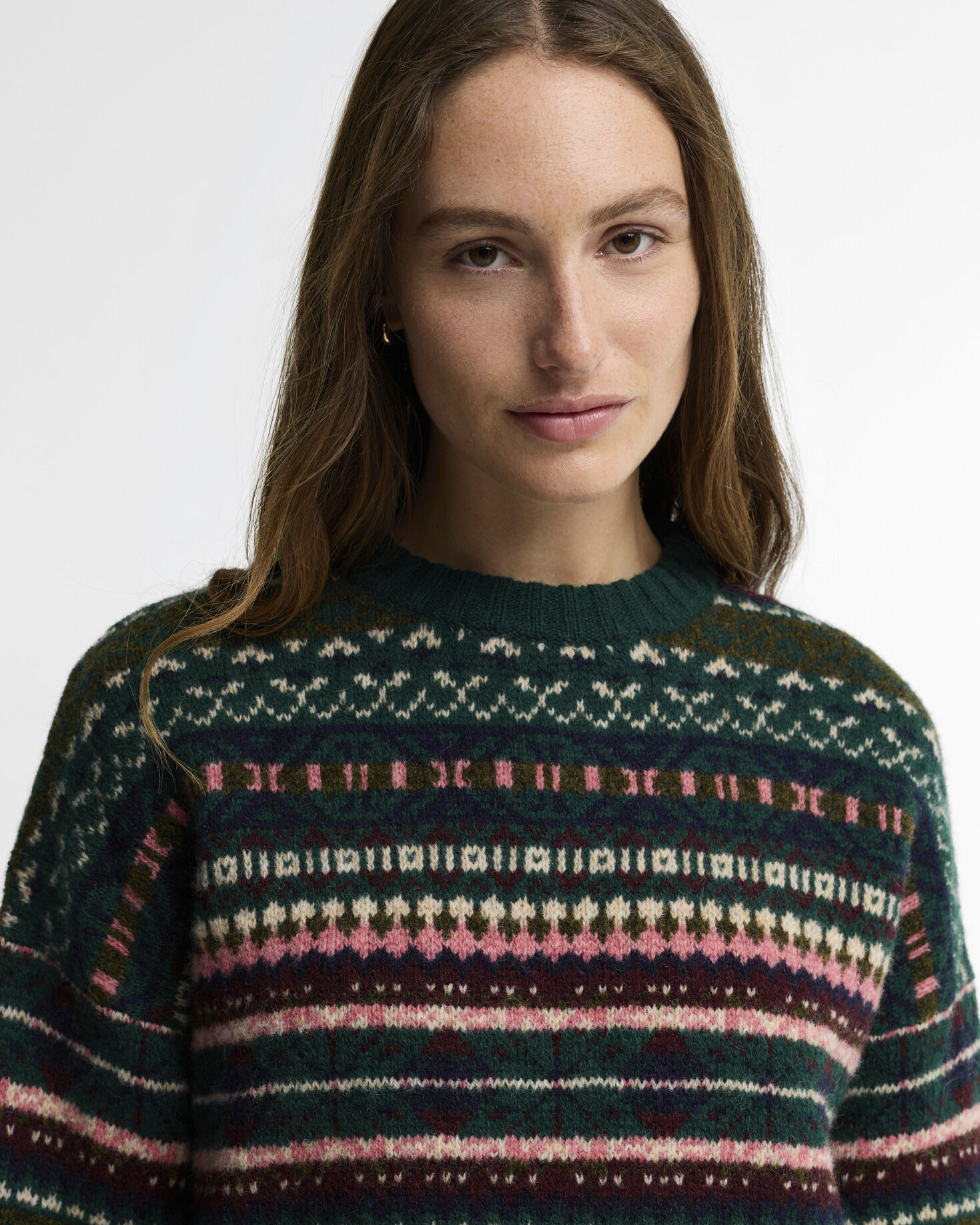 Wollpullover Overton Cropped Rundhalsausschnitt Made in Scotland Olive Multi