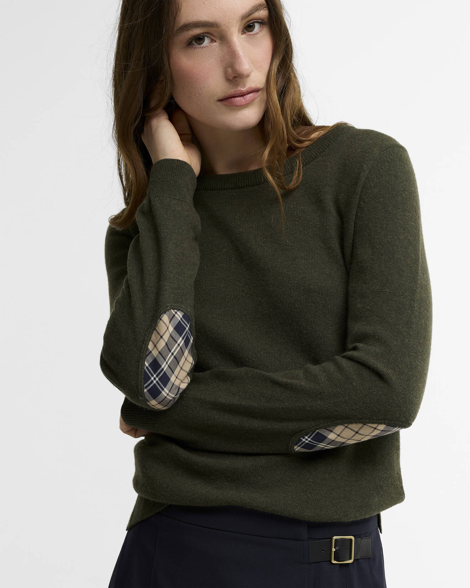 Pendle Crew Neck Jumper Olive/Birchwood Tartan image number 3