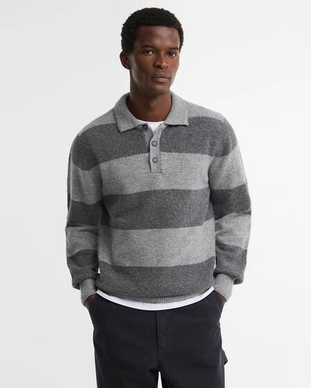 Made in Scotland Striped Wool Polo Shirt Grey Marl