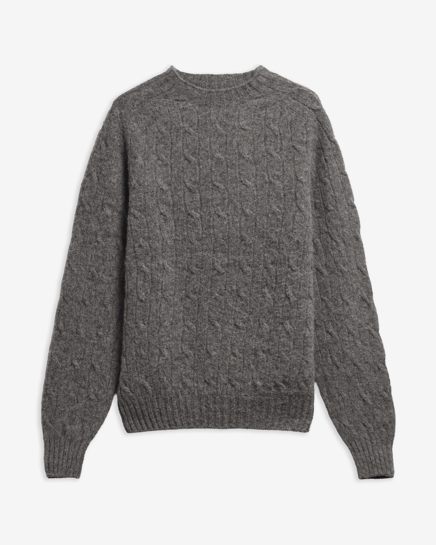Cable-Knit Made in Scotland Wool Crew-Neck Jumper Grey Marl
