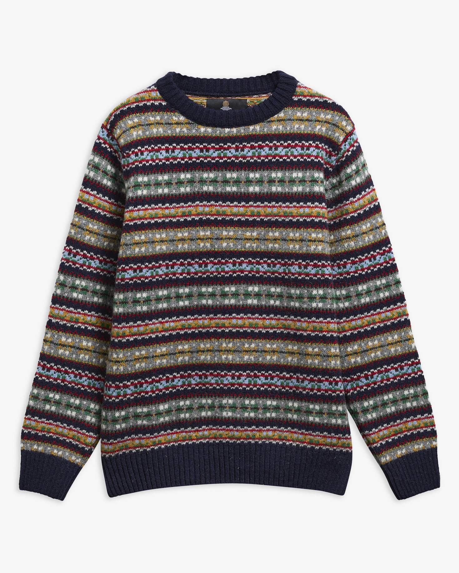 Wollpullover Fairisle Rundhalsausschnitt Made in Scotland Navy