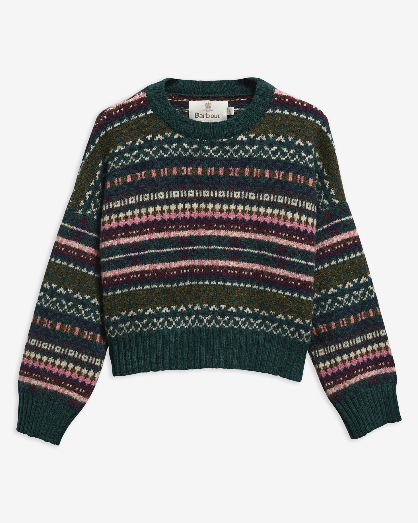 Wollpullover Overton Cropped Rundhalsausschnitt Made in Scotland Olive Multi