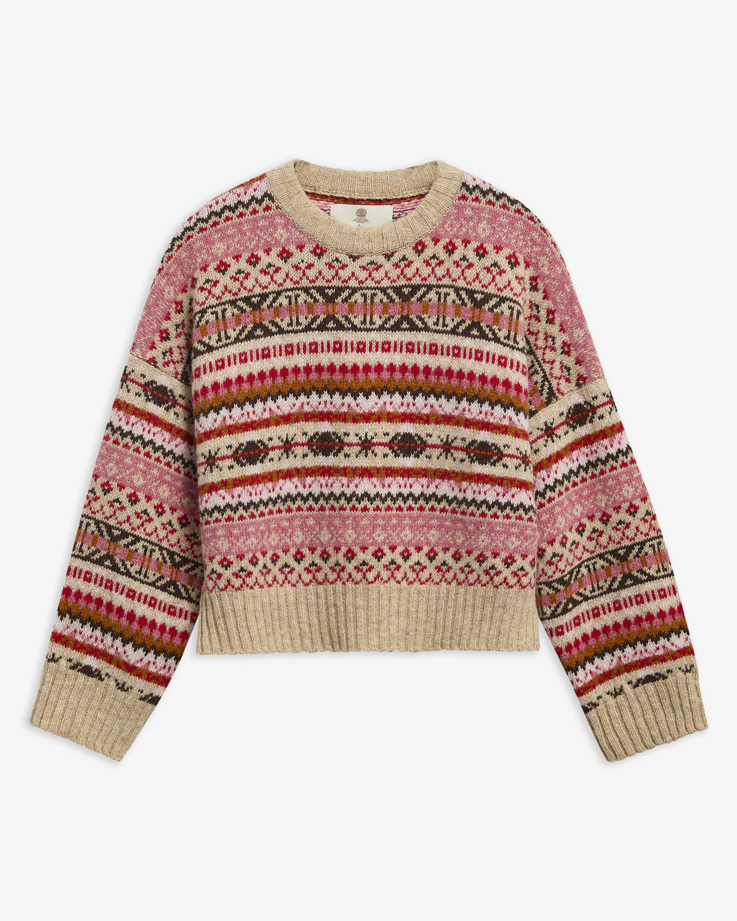 Maglione girocollo in lana corto Overton Made in Scotland Raspberry Multi