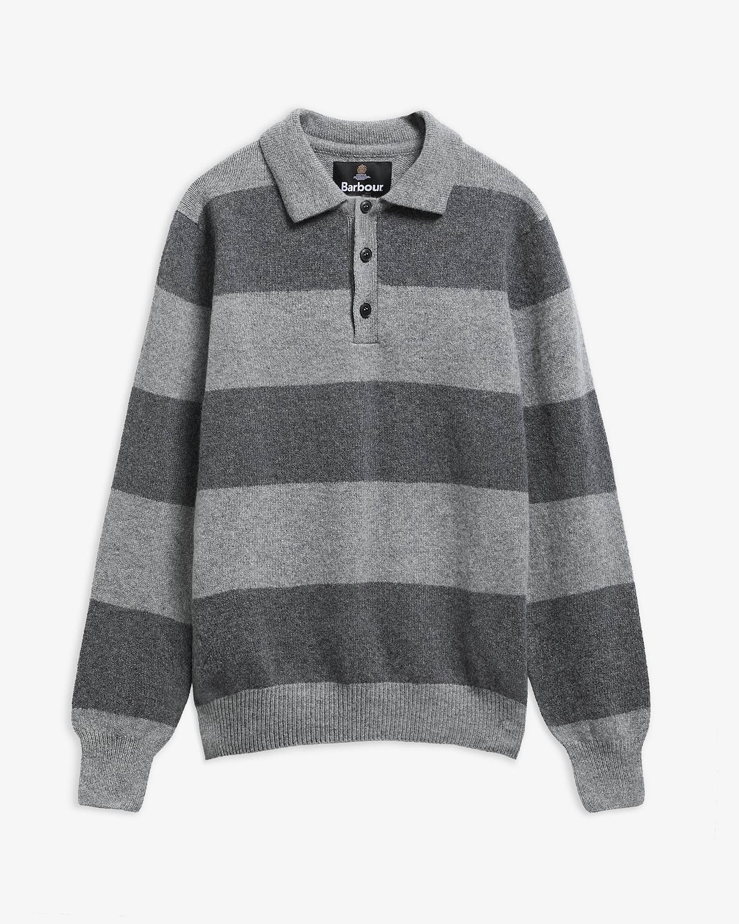 Made in Scotland Striped Wool Polo Shirt Grey Marl