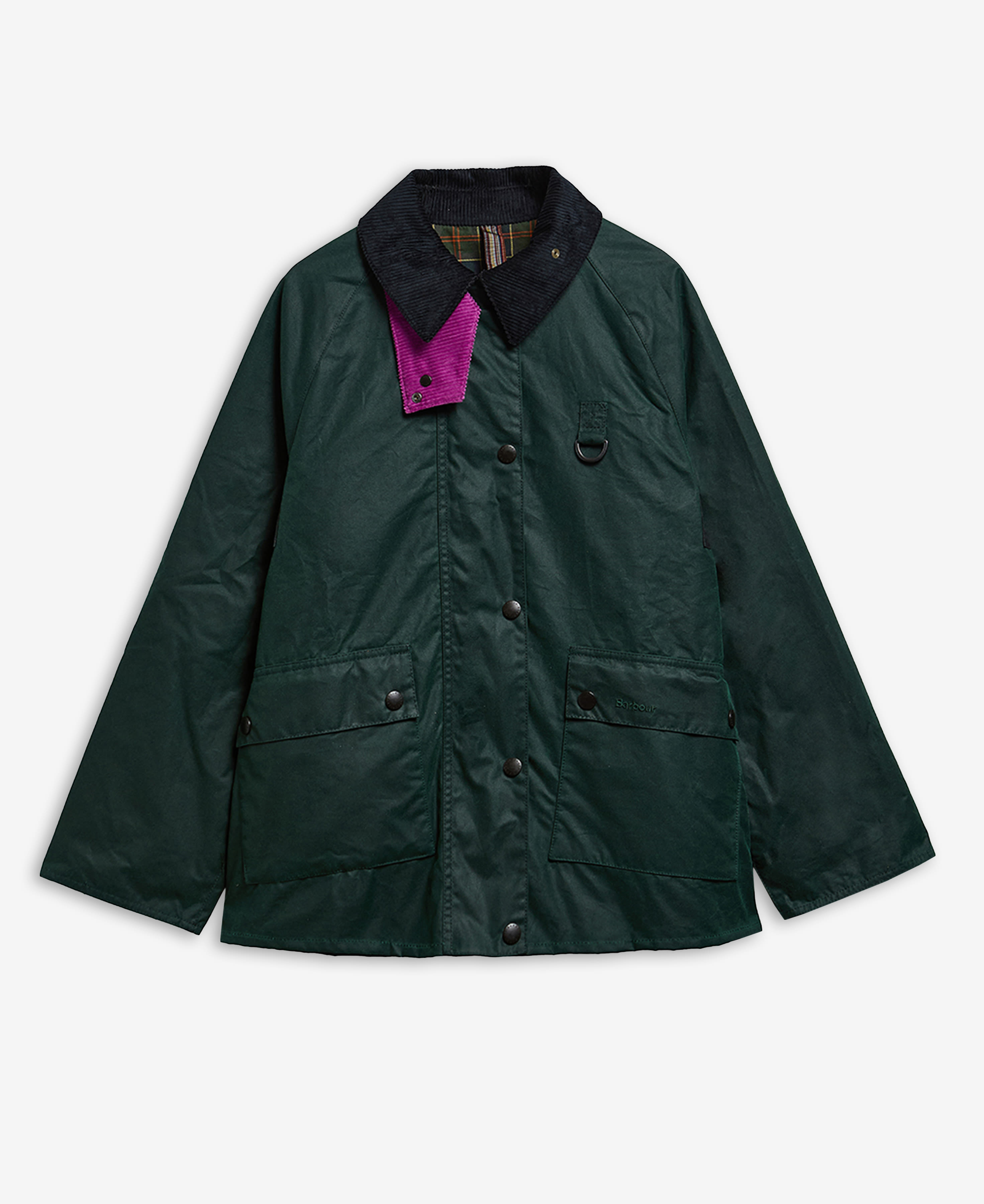 Paul Smith Loves Barbour Women's Long Spey  Waxed Jacket Bottle Green Heraldry Print